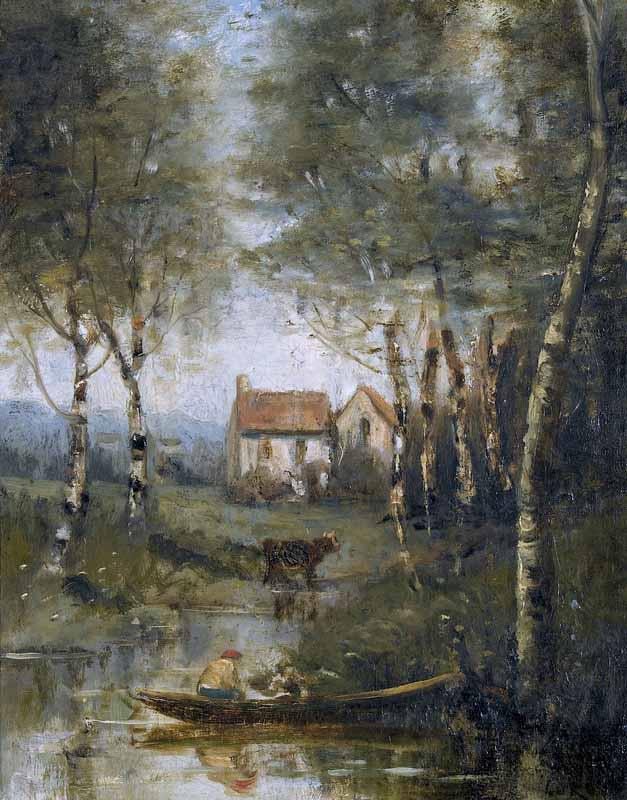 Jean-Baptiste-Camille Corot La riviere en bateau et la maison Spain oil painting art